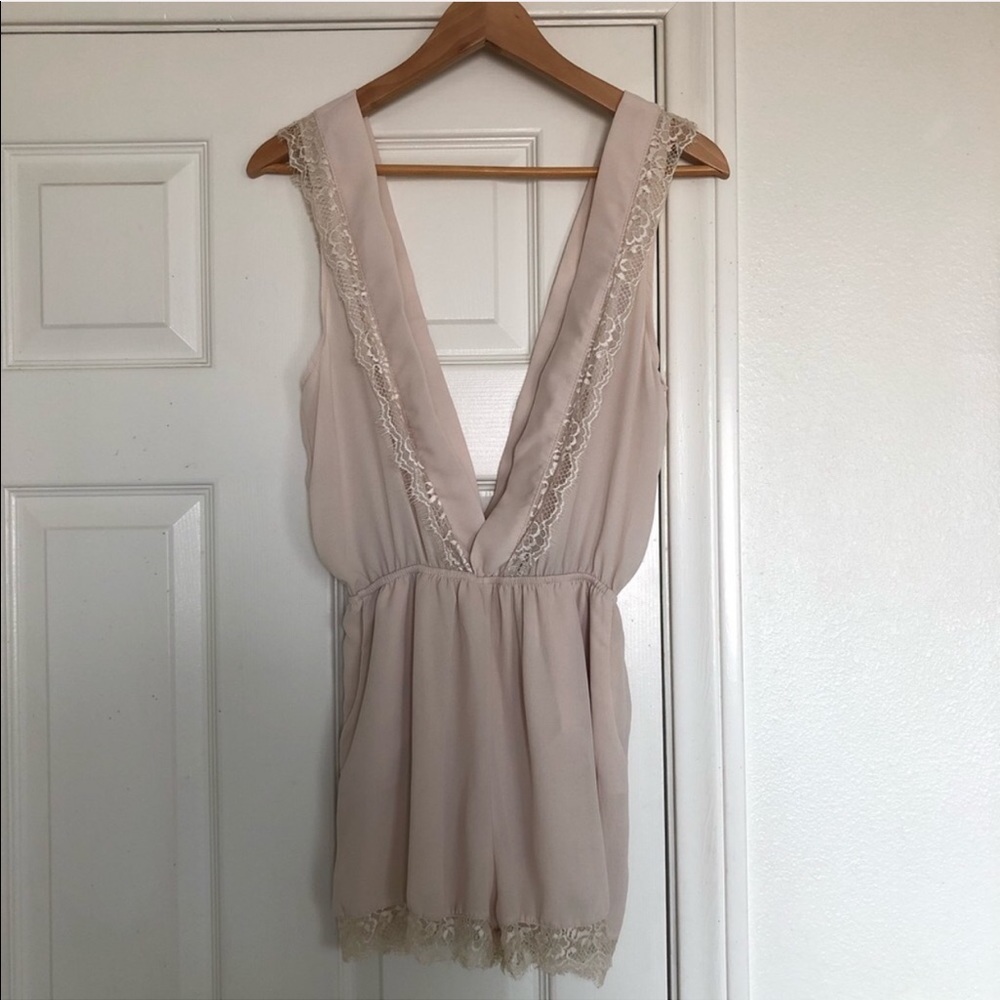 Honey Punch Deep V Creme Lace Romper